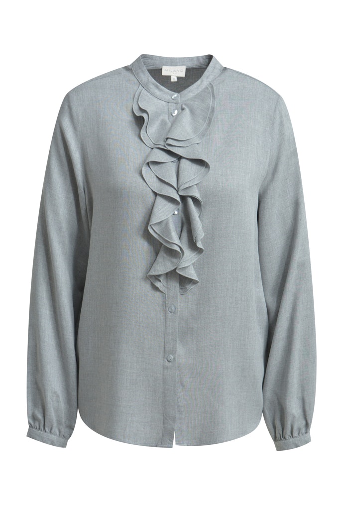 round neck blouse w/ double volant at placket 1/1 sleeve round neck blouse w/ double volant at placket 1/1 sleeve