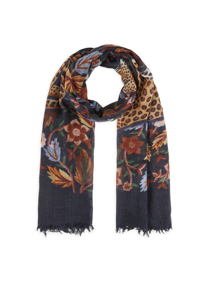 Edler Schal aus Wolle mit Leopard- und Blumen-Motiven