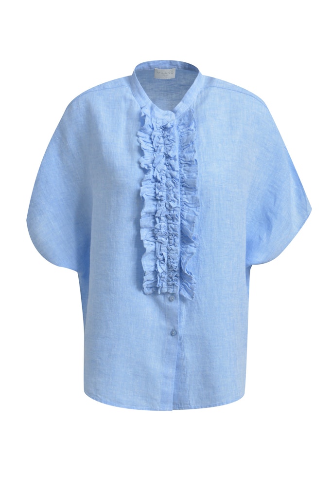 oversized 1/2 sleeve blouse w stand up collar + ruffled placket