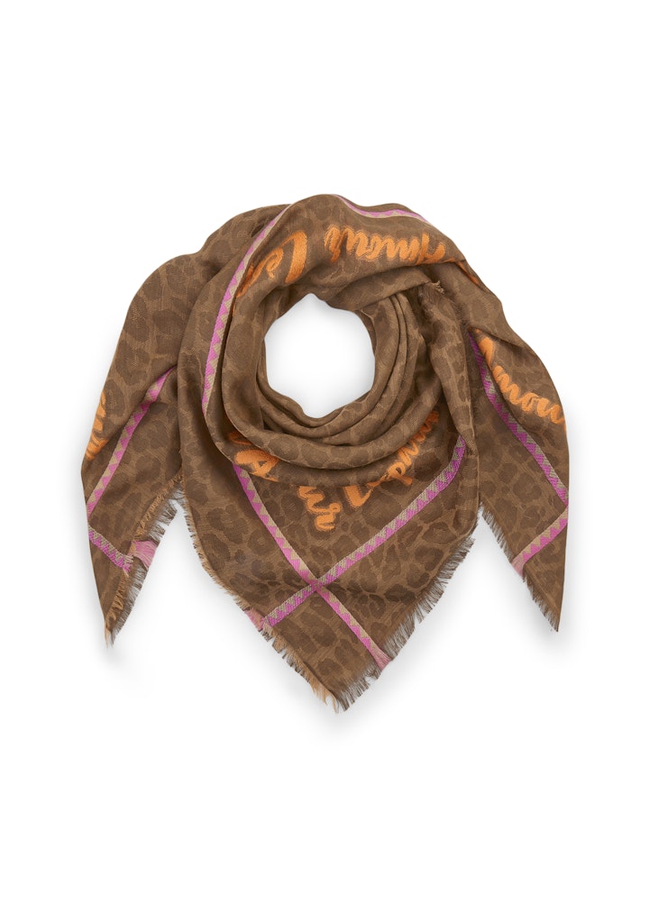 Jacquard Tuch aus Woll-Baumwoll-Mischung mit Leomuster und Schriftzug Jacquard Tuch aus Woll-Baumwoll-Mischung mit Leomuster und Schriftzug