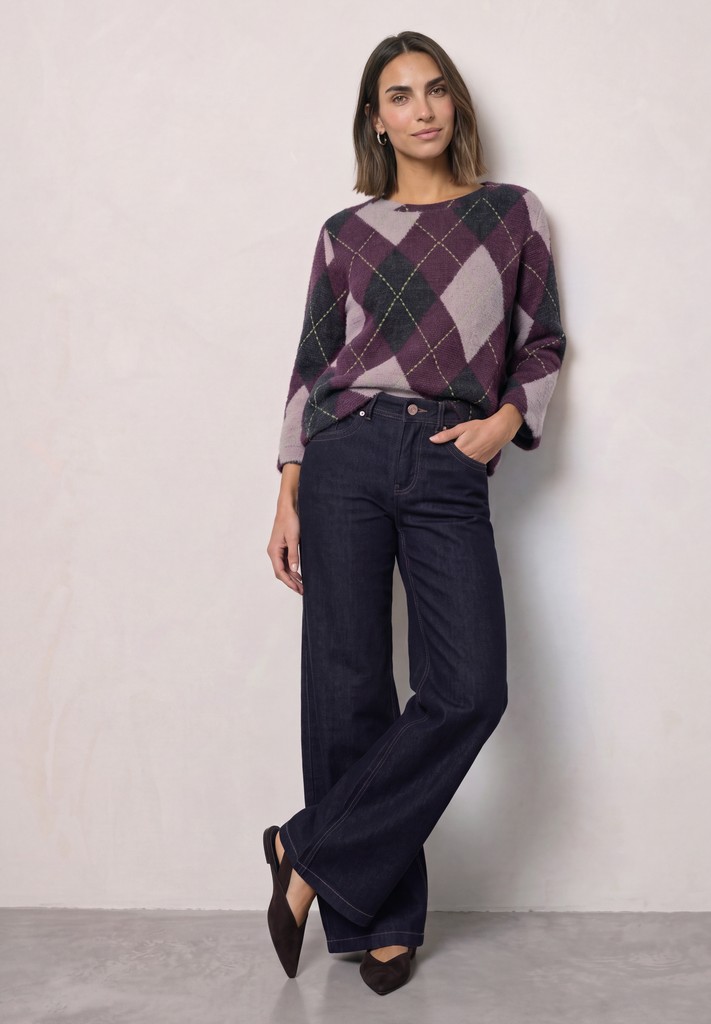 3/4-Arm Shirt mit Rundhals und Argylemuster
