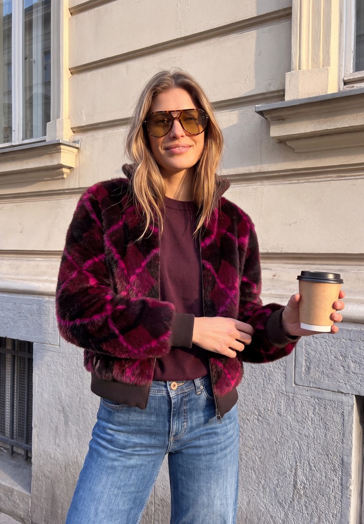 Fake Fur Blouson mit Karomuster