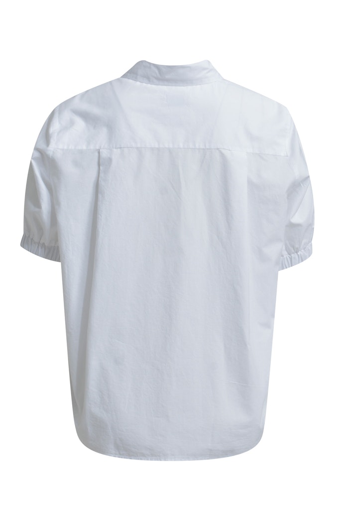 Blouse w collar, placket + bows at cf, 1/2 sleeve w elastic cuff