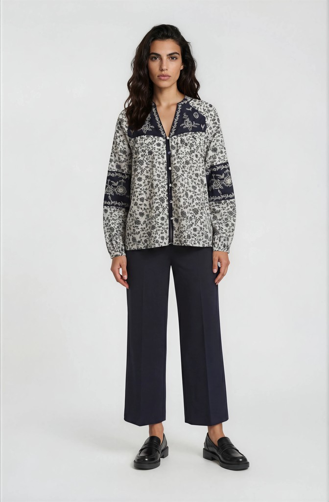 V neck blouse 1/1 sleeve lace patch on front & sleeves