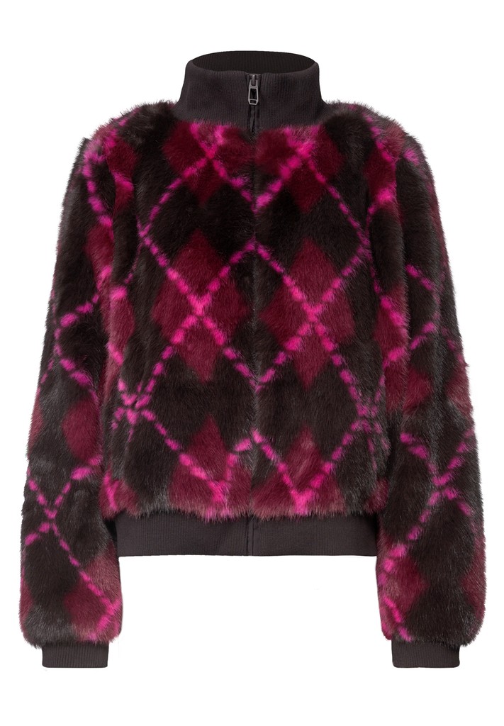 Fake Fur Blouson mit Karomuster
