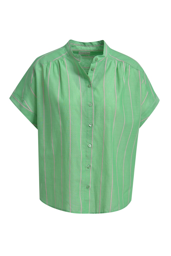 sleeveless blouse w neckpanel, gathered shoulderseam