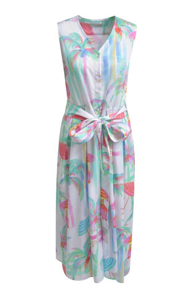 sleeveless v-neck mididress, placket, wide skirt + belt