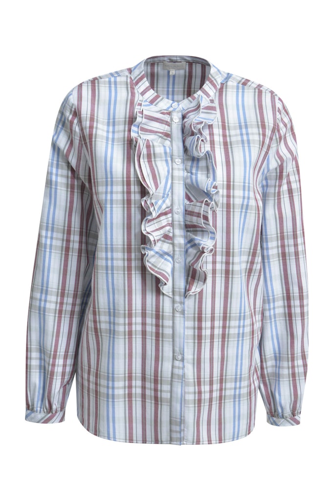 round neck blouse w/ double volant at placket 1/1 sleeve