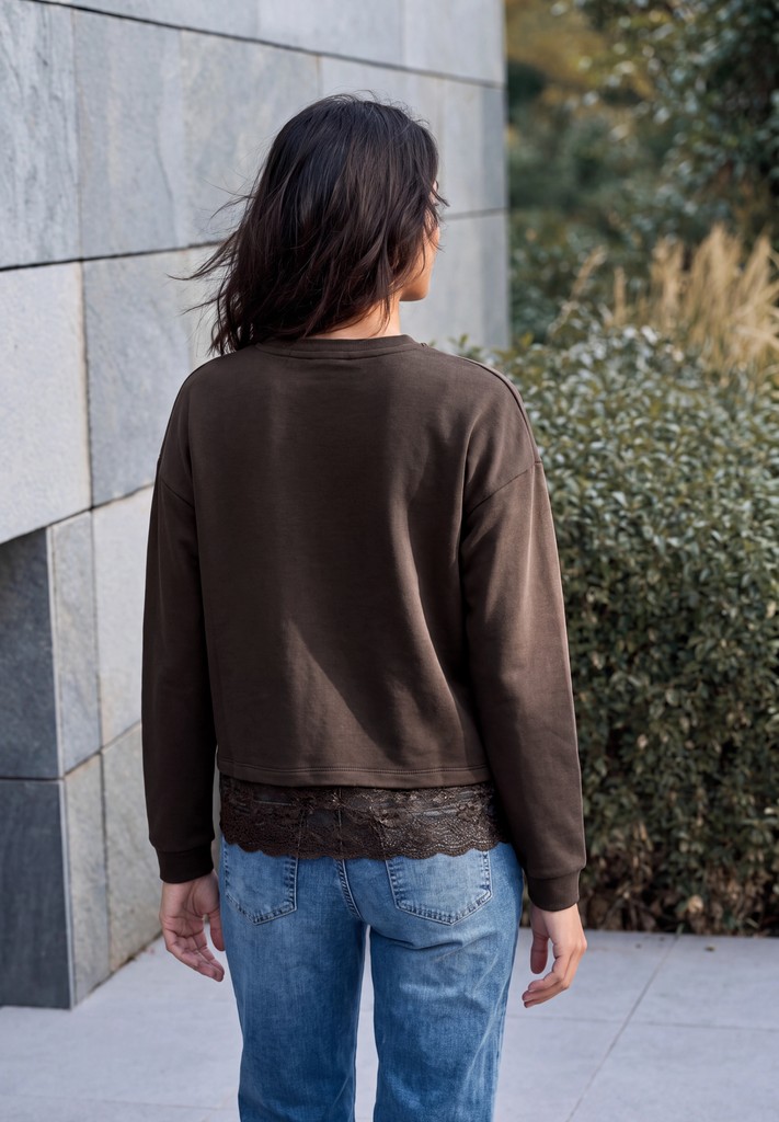 Langarm Shirt mit Rundhals und Spitzenkante