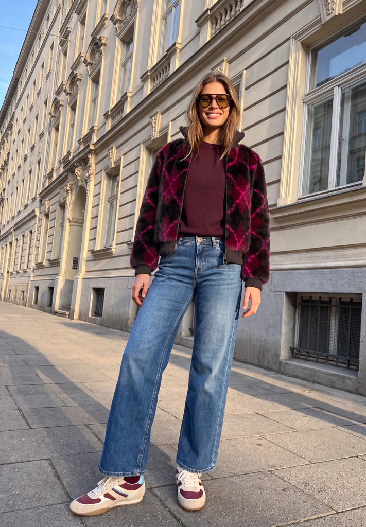 Fake Fur Blouson mit Karomuster
